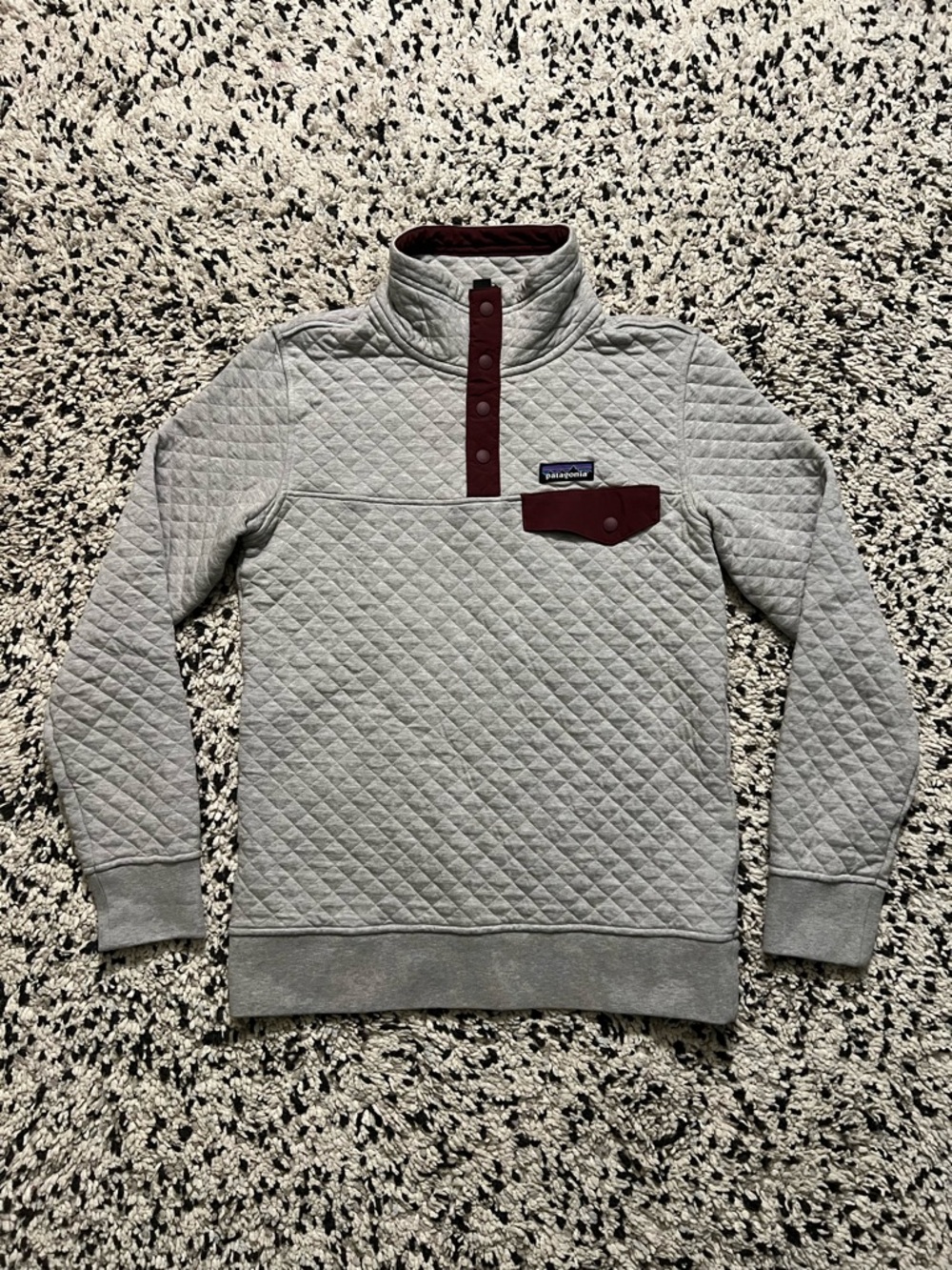 Patagonia Organic Cotton Quilt Snap-T Pullover Sweater Grey Burgundy Women’s XS